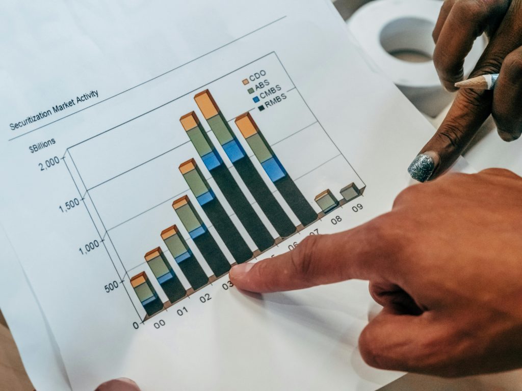 pexels-photo-7688989-7688989 Close-up of hands pointing at a financial market activity chart, analyzing trends in securitization.